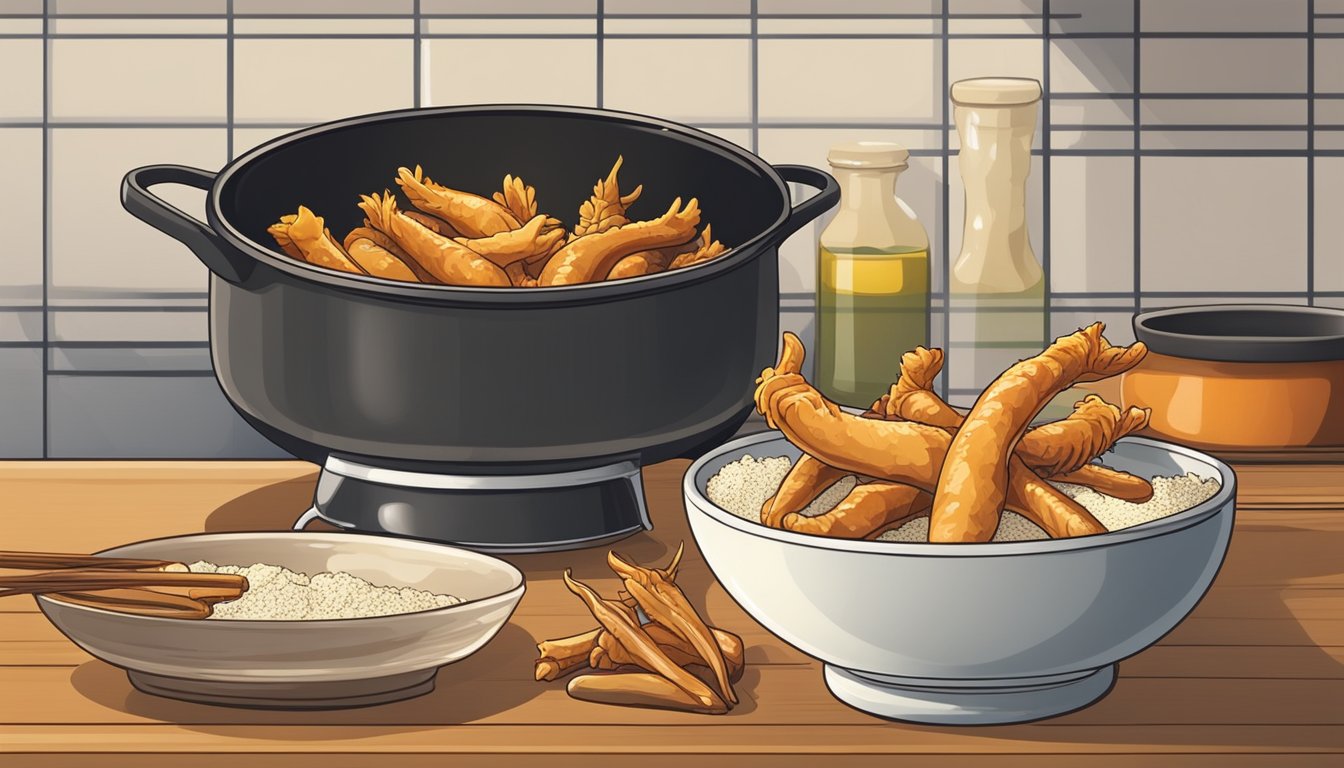 A bowl of marinated chicken feet next to a plate of flour and seasoning, with a pot of hot oil on the stove