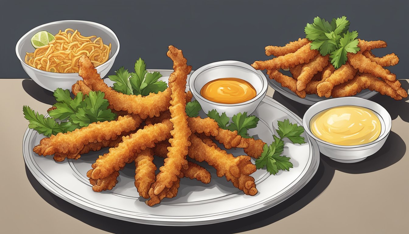 A plate of crispy fried chicken feet arranged with garnish