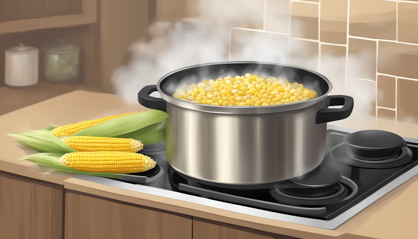 A bubbling pot of corn cob stock simmering on a stovetop, steam rising and filling the kitchen with a sweet, earthy aroma