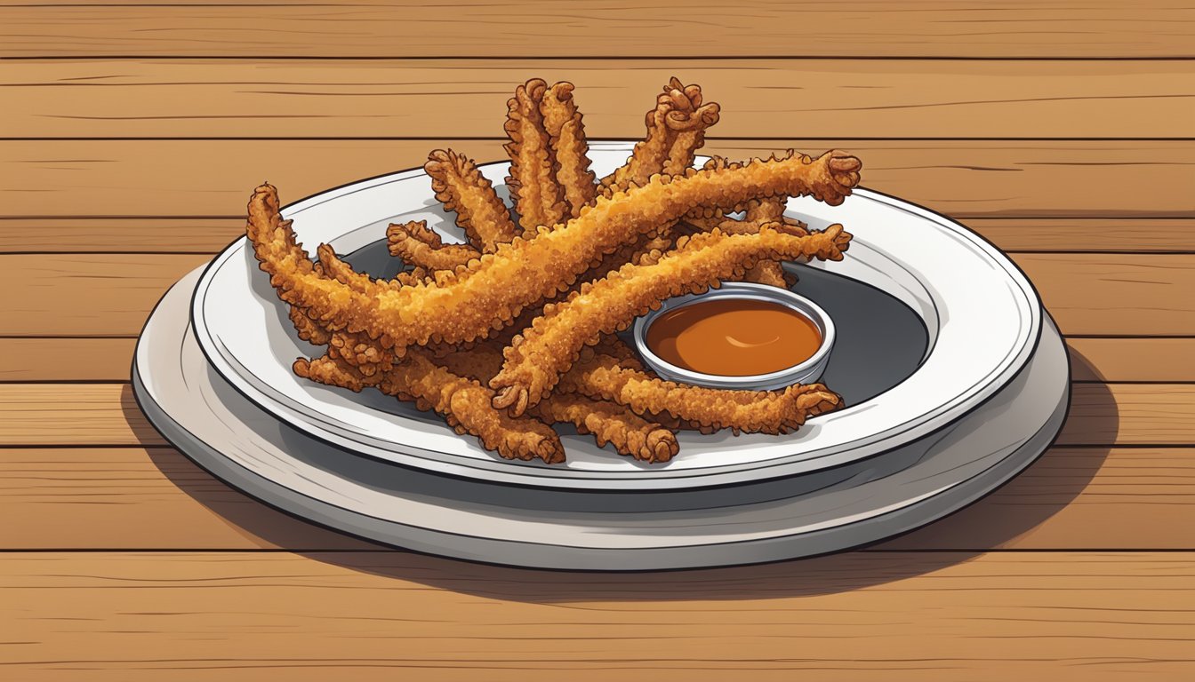 A plate of crispy fried chicken feet with a side of dipping sauce on a wooden table