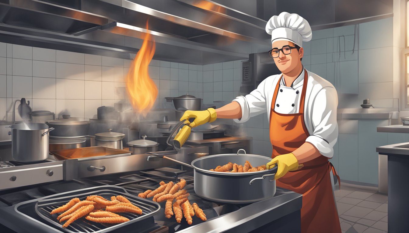 A chef wearing an apron and gloves prepares to fry chicken feet in a well-ventilated, clutter-free kitchen with a fire extinguisher nearby