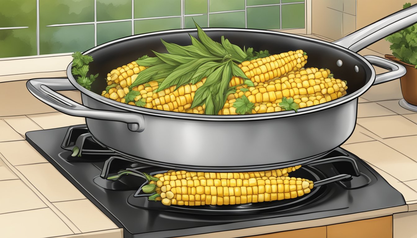 A pot simmering with corn cobs, water, and herbs on a stovetop