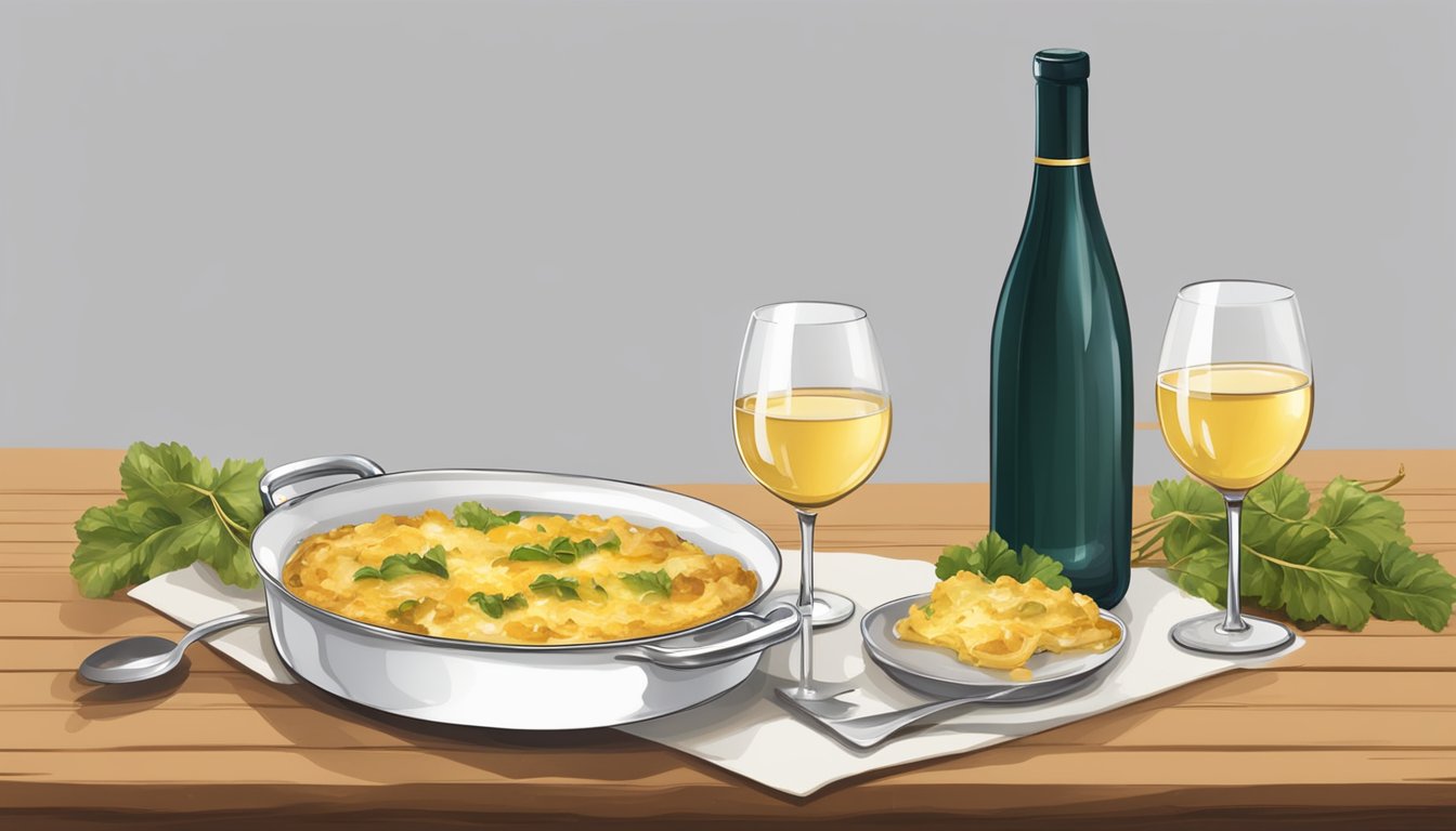 A rustic wooden table set with a golden-brown chard stem gratin alongside a bottle of white wine and two elegant wine glasses