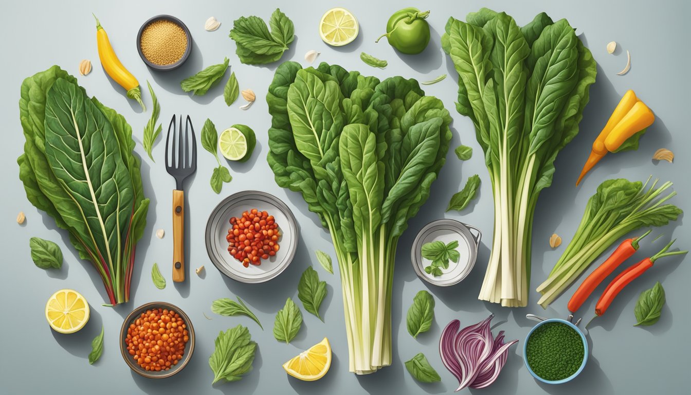 A colorful array of chard stems arranged in a circular pattern, surrounded by various ingredients and cooking utensils