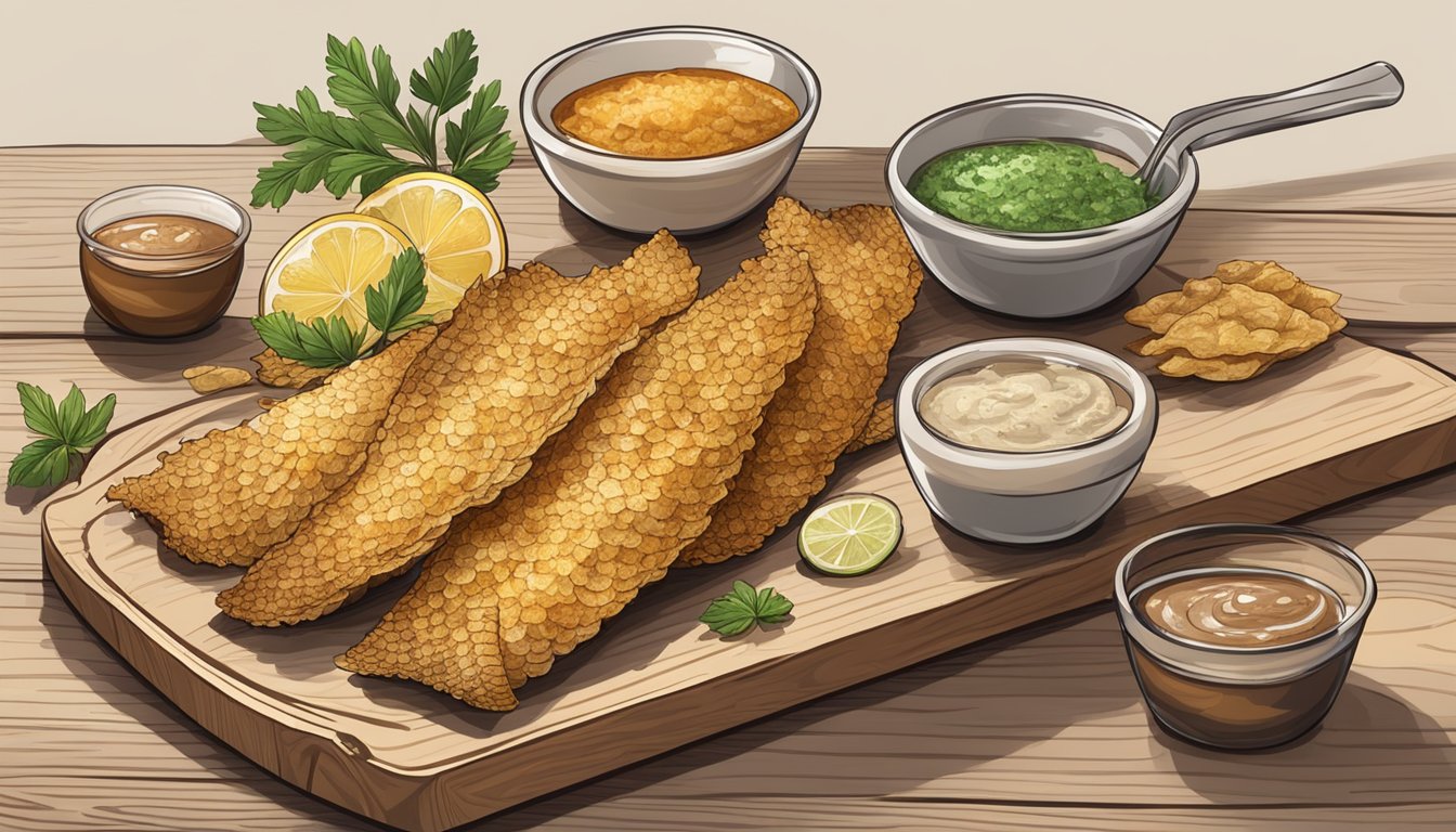 Crispy fried fish skin arranged on a wooden serving board with a side of dipping sauce