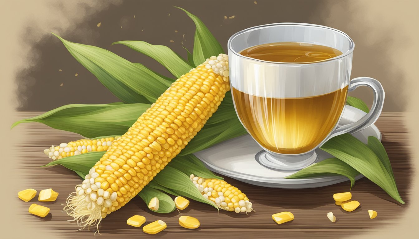 A bundle of fresh, golden corn silk sits on a rustic wooden table next to a steaming cup of corn silk tea