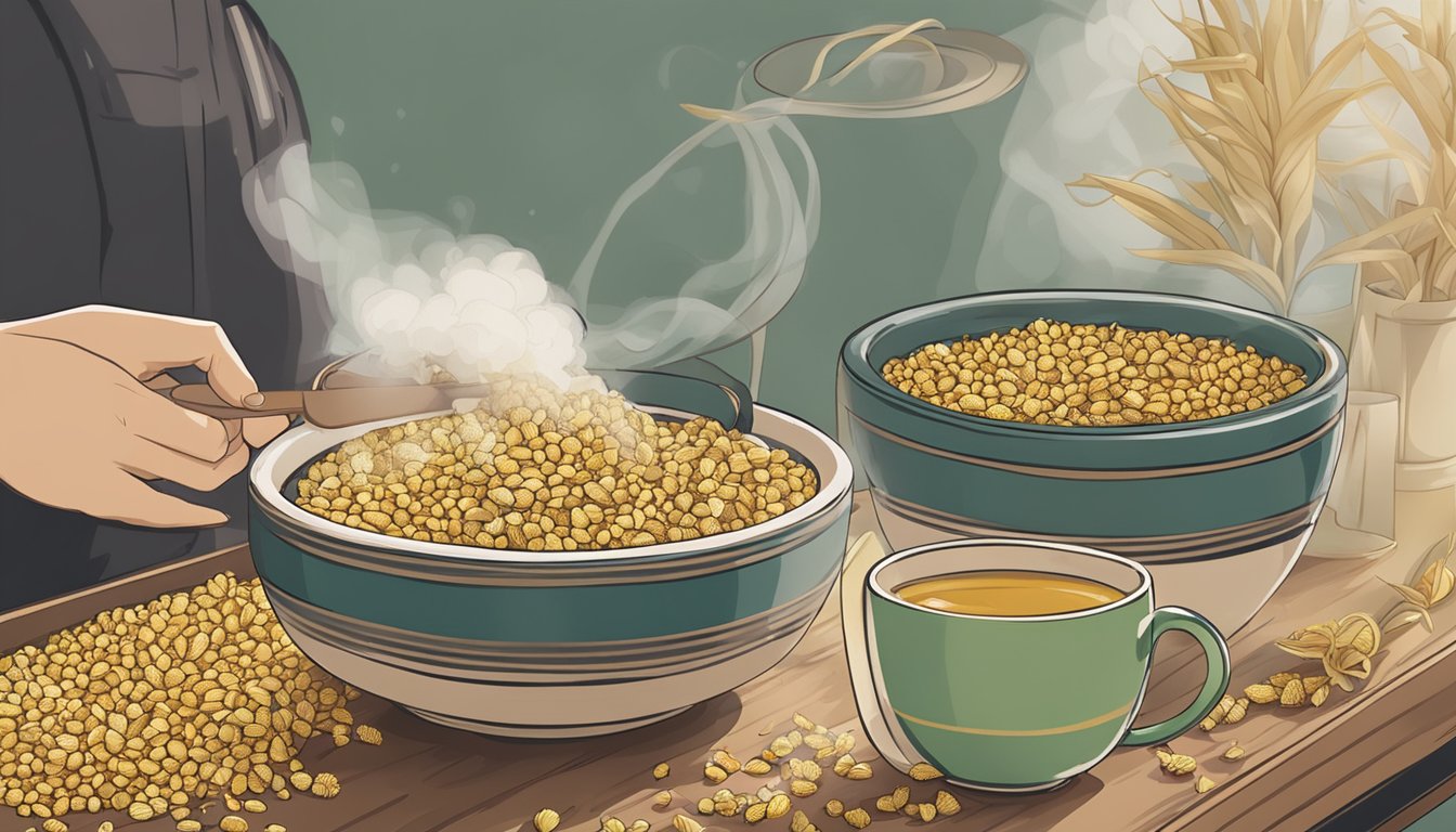 A person brewing corn silk tea with a steaming cup and a handful of dried corn silk