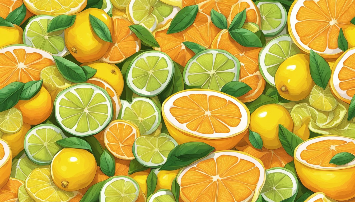 A pile of citrus peel candy surrounded by fresh oranges and lemons