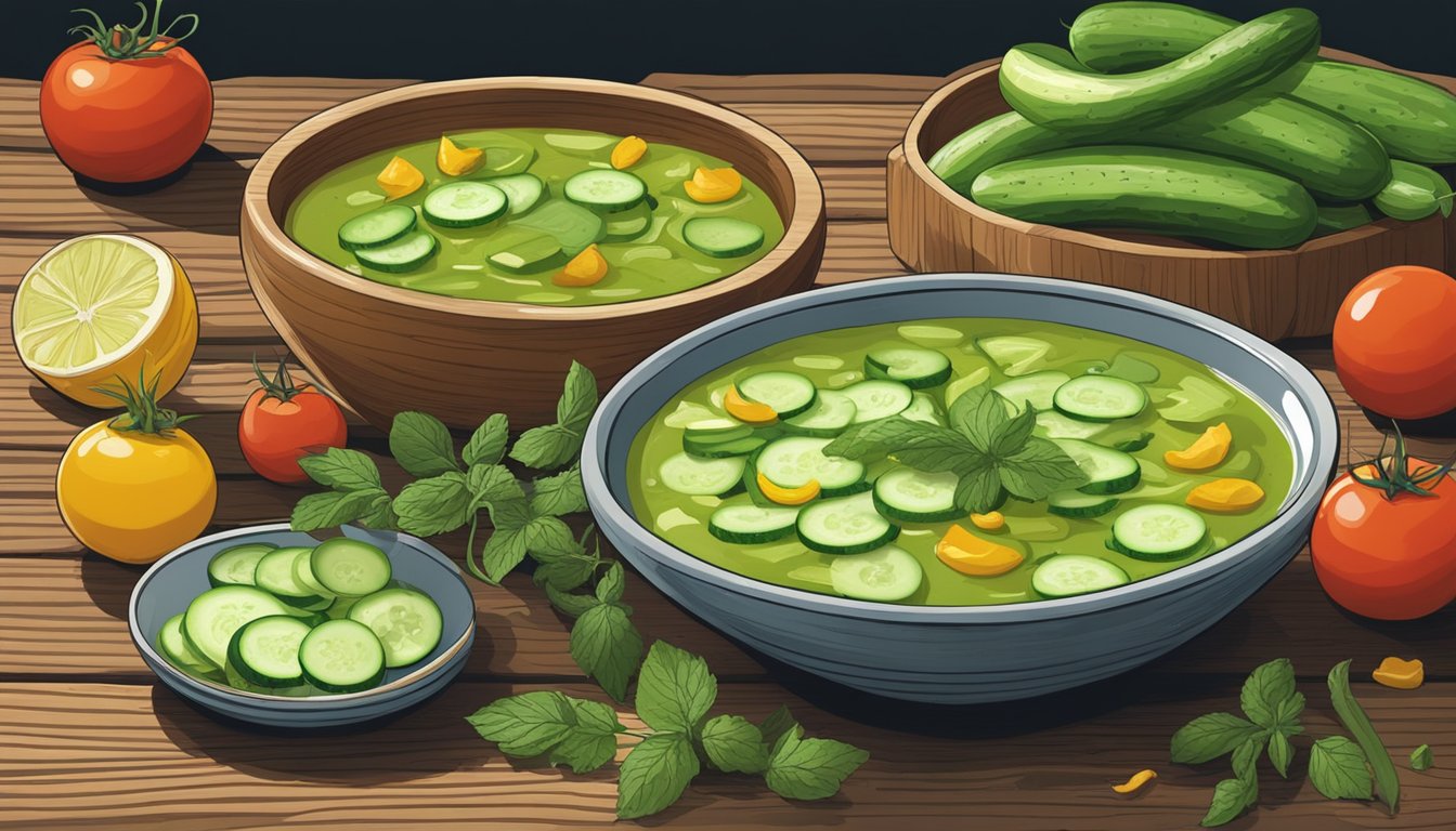 A vibrant array of cucumber peels, tomatoes, and herbs, arranged on a rustic wooden table. A bowl of refreshing cucumber peel gazpacho sits in the center, garnished with a drizzle of olive oil