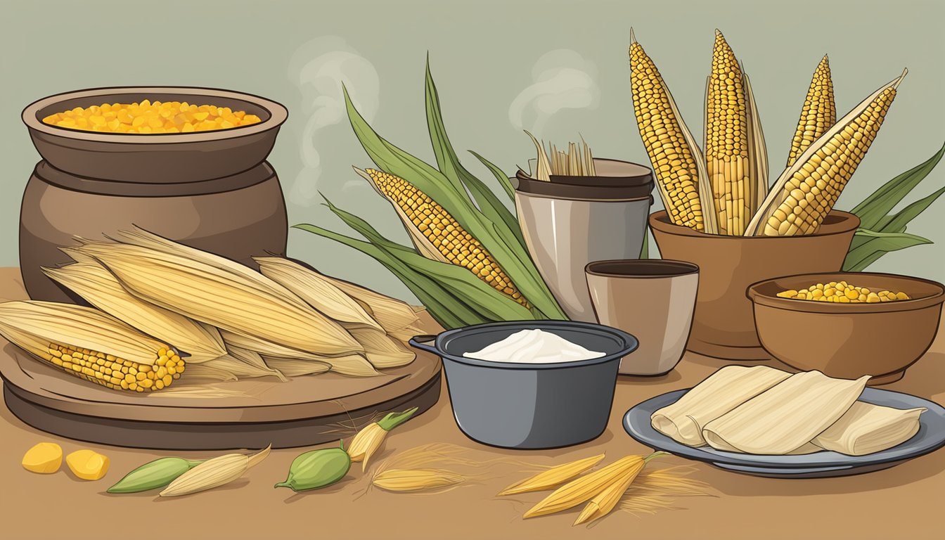 A table set with various ingredients and tools for making corn husk tamales, including masa, corn husks, and a steamer