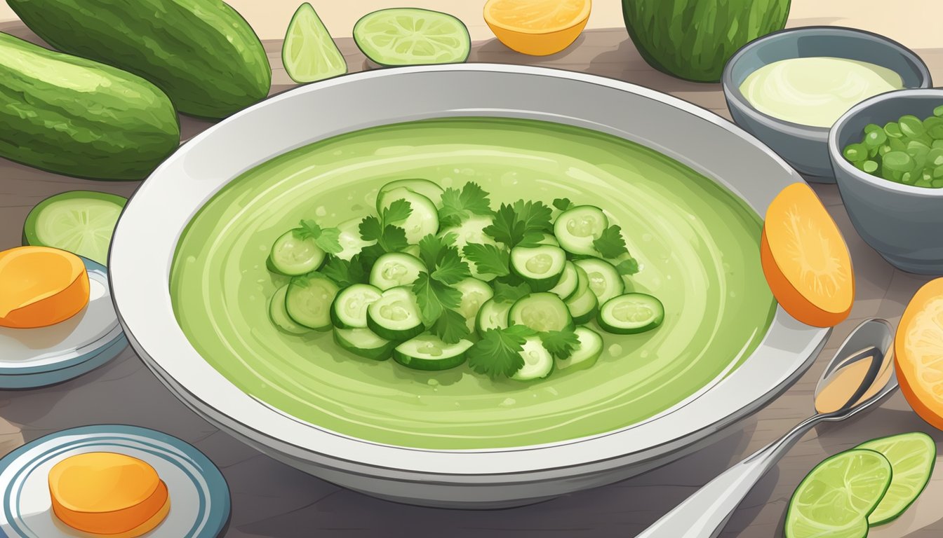 A refreshing cucumber peel gazpacho being prepared with fresh ingredients and a focus on nutrition and health considerations