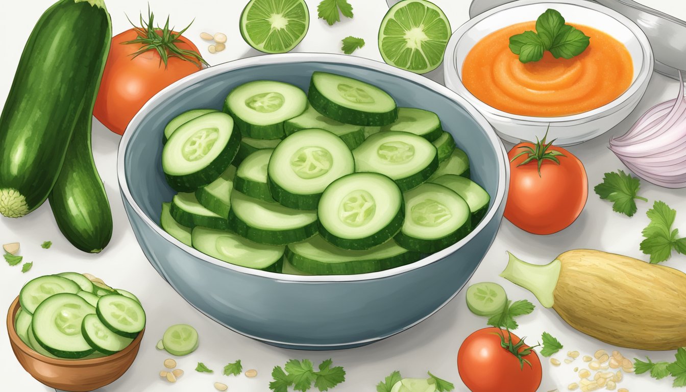 Cucumber being peeled over a bowl of gazpacho ingredients