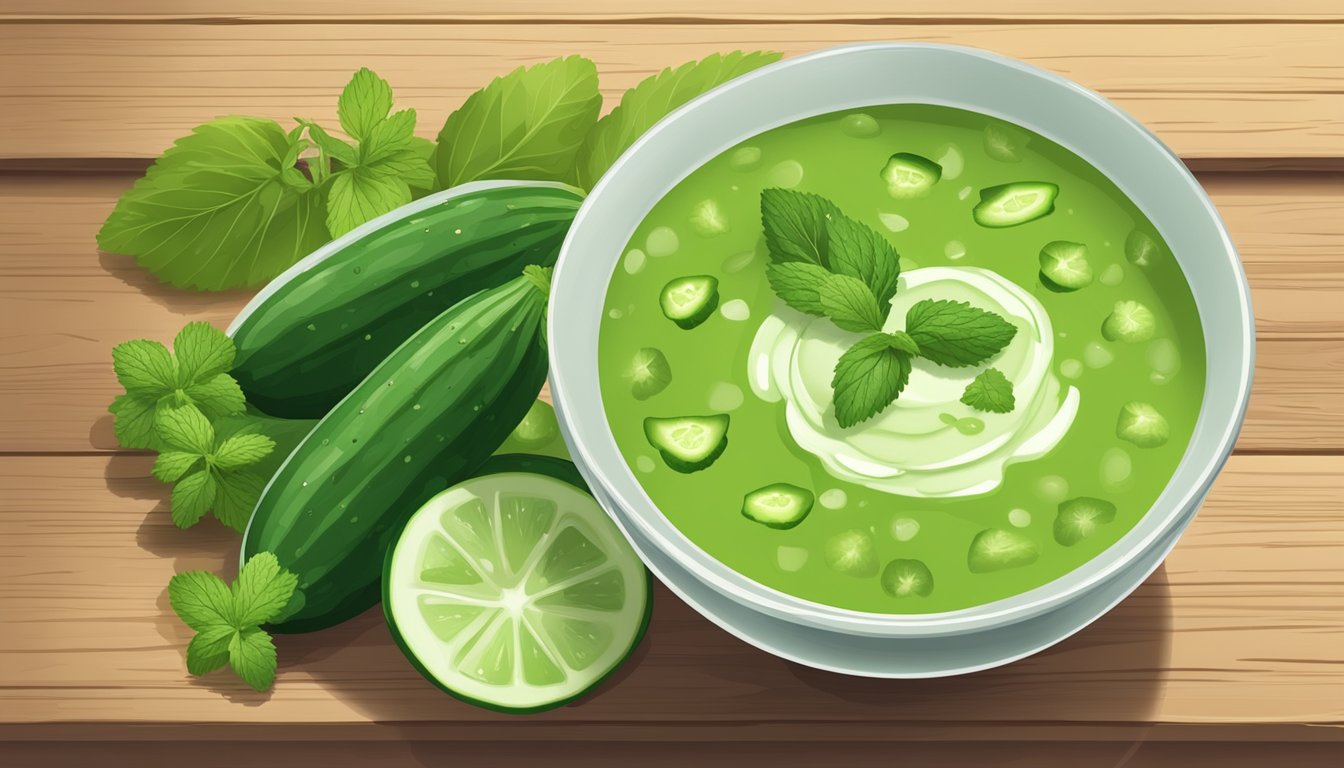 A bowl of cucumber peel gazpacho with fresh cucumber slices and a sprig of mint on a wooden table