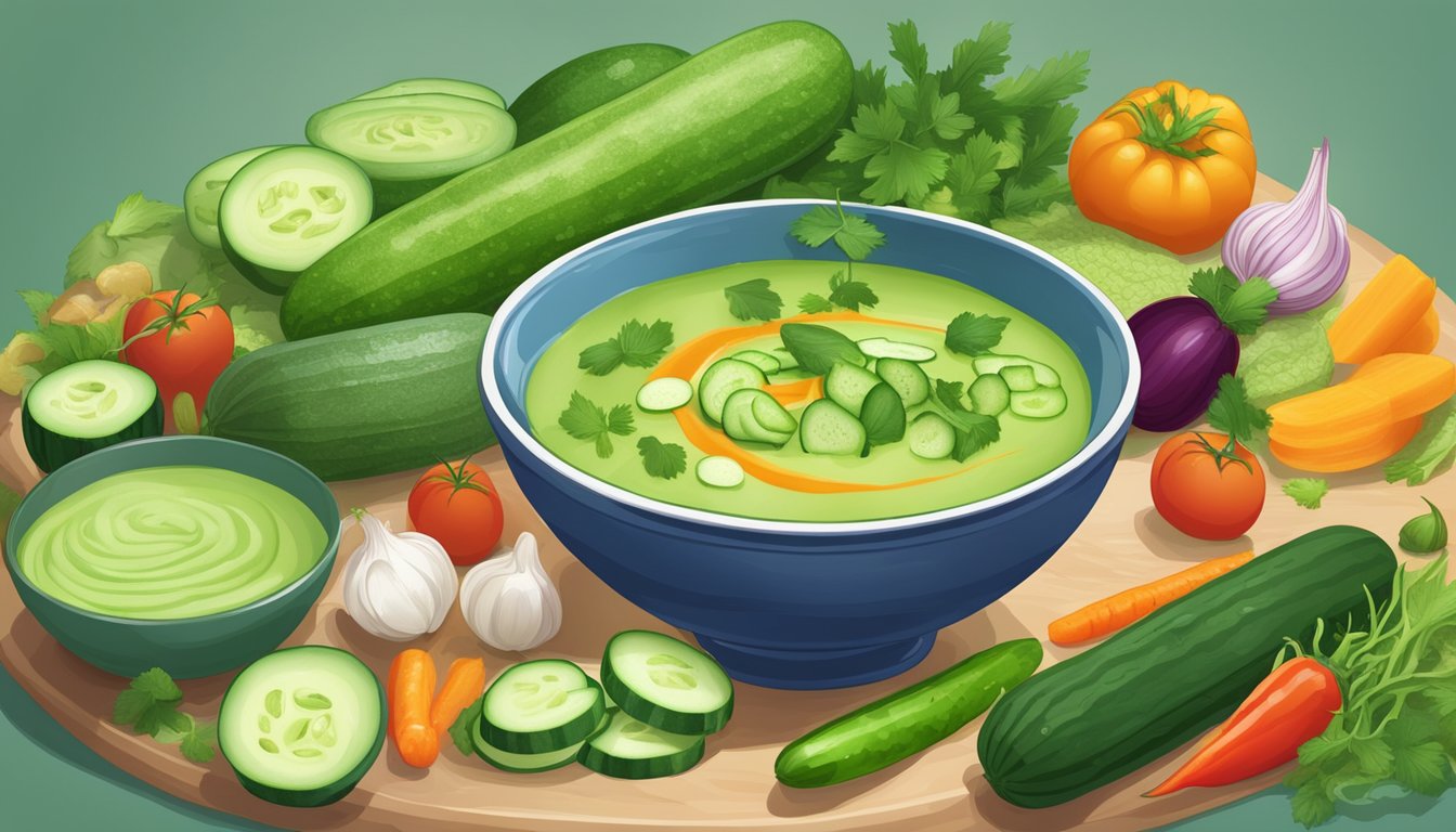 A bowl of cucumber peel gazpacho surrounded by various cucumber and vegetable adaptations and variations