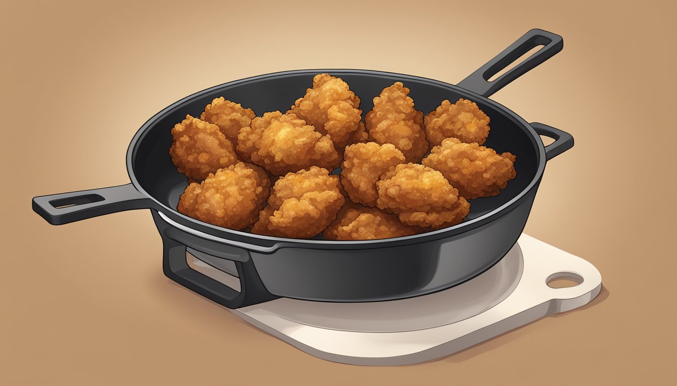 Golden-brown fried chicken gizzards coated in a crispy batter, sizzling in a skillet