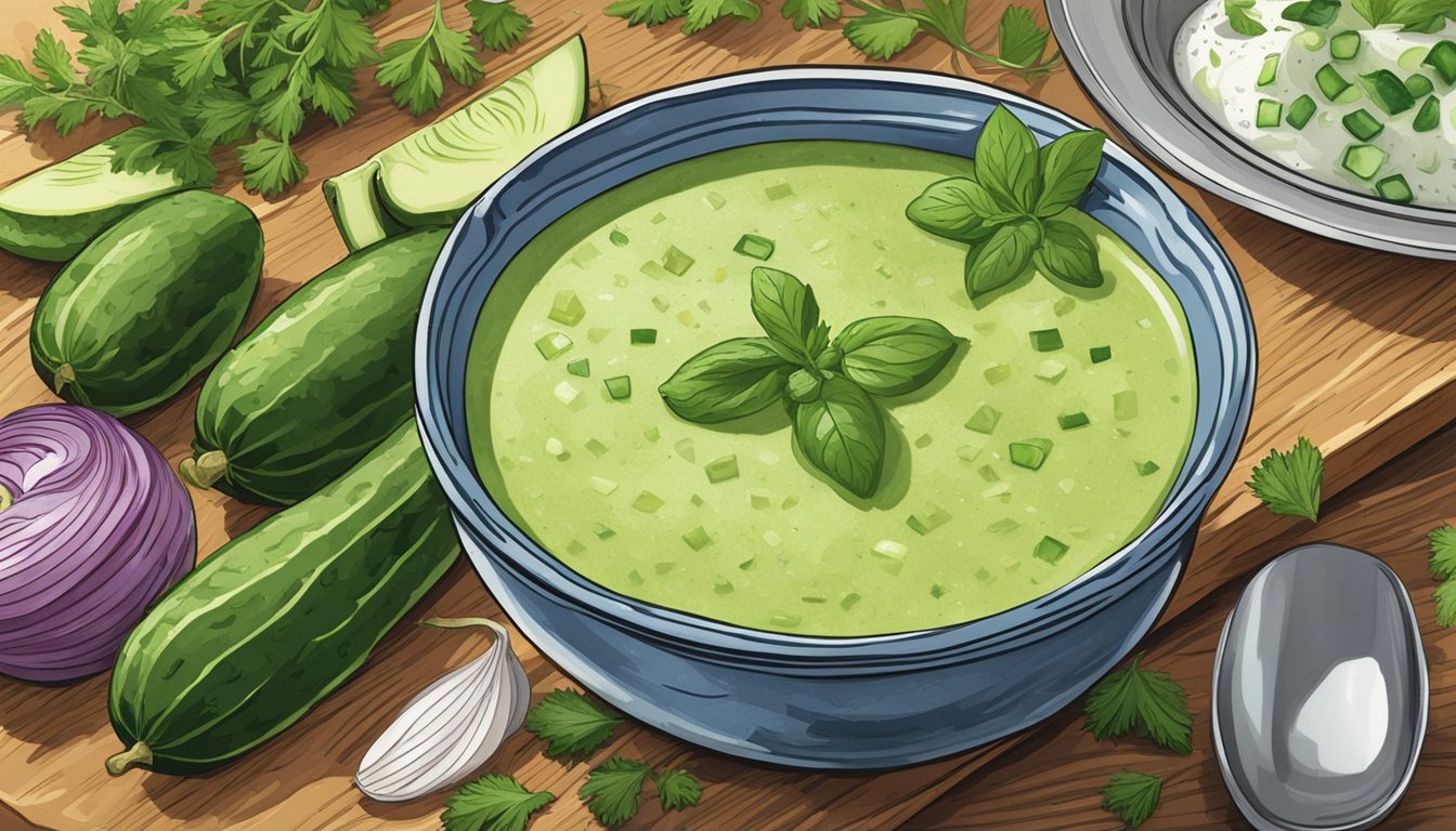 A rustic kitchen table displays a bowl of cucumber peel gazpacho, surrounded by fresh herbs, a cutting board, and a knife