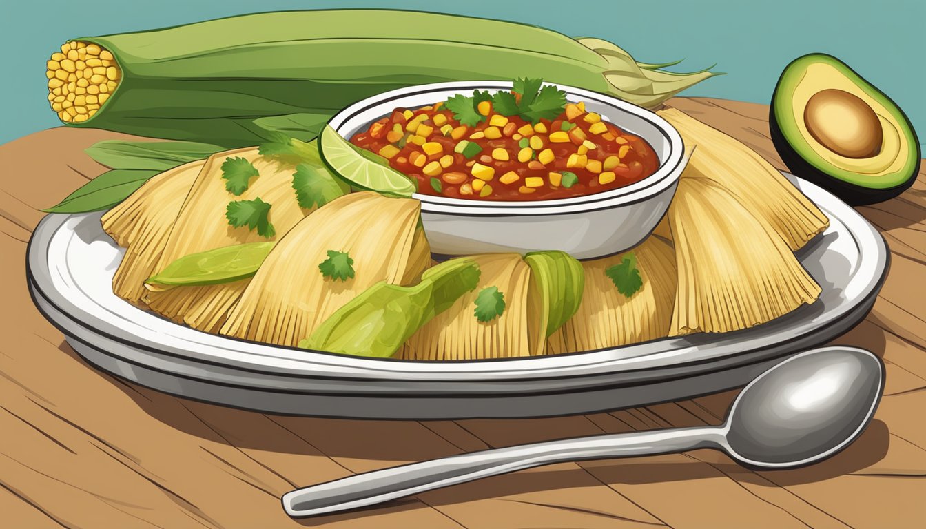 A steaming plate of corn husk tamales surrounded by fresh salsa and avocado slices