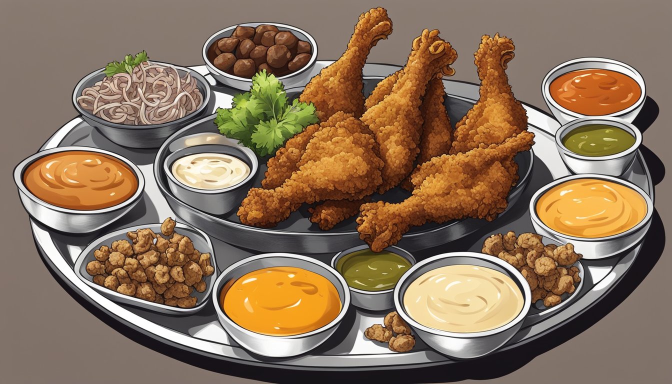 A platter of crispy fried chicken gizzards surrounded by various dipping sauces and accompaniments