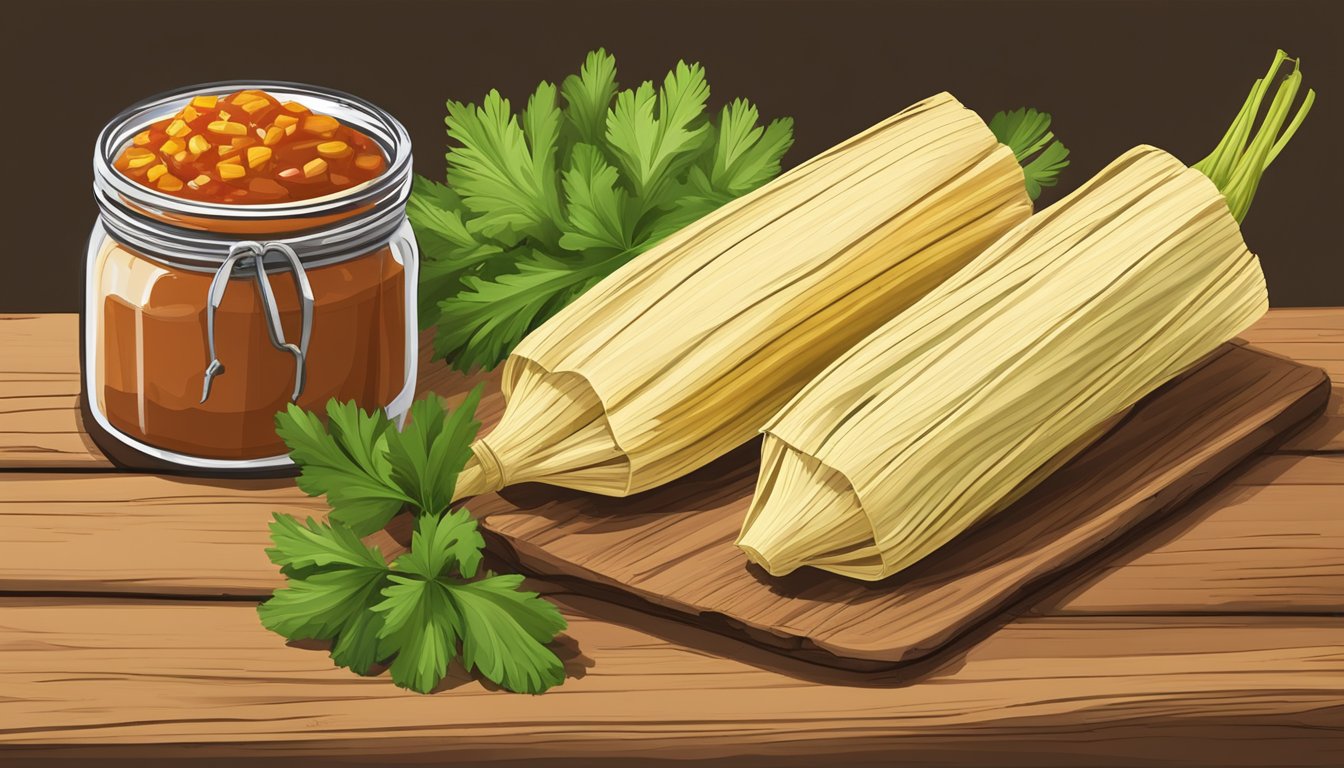 A stack of tamales wrapped in corn husks, arranged on a rustic wooden table with a jar of salsa and a bundle of fresh cilantro