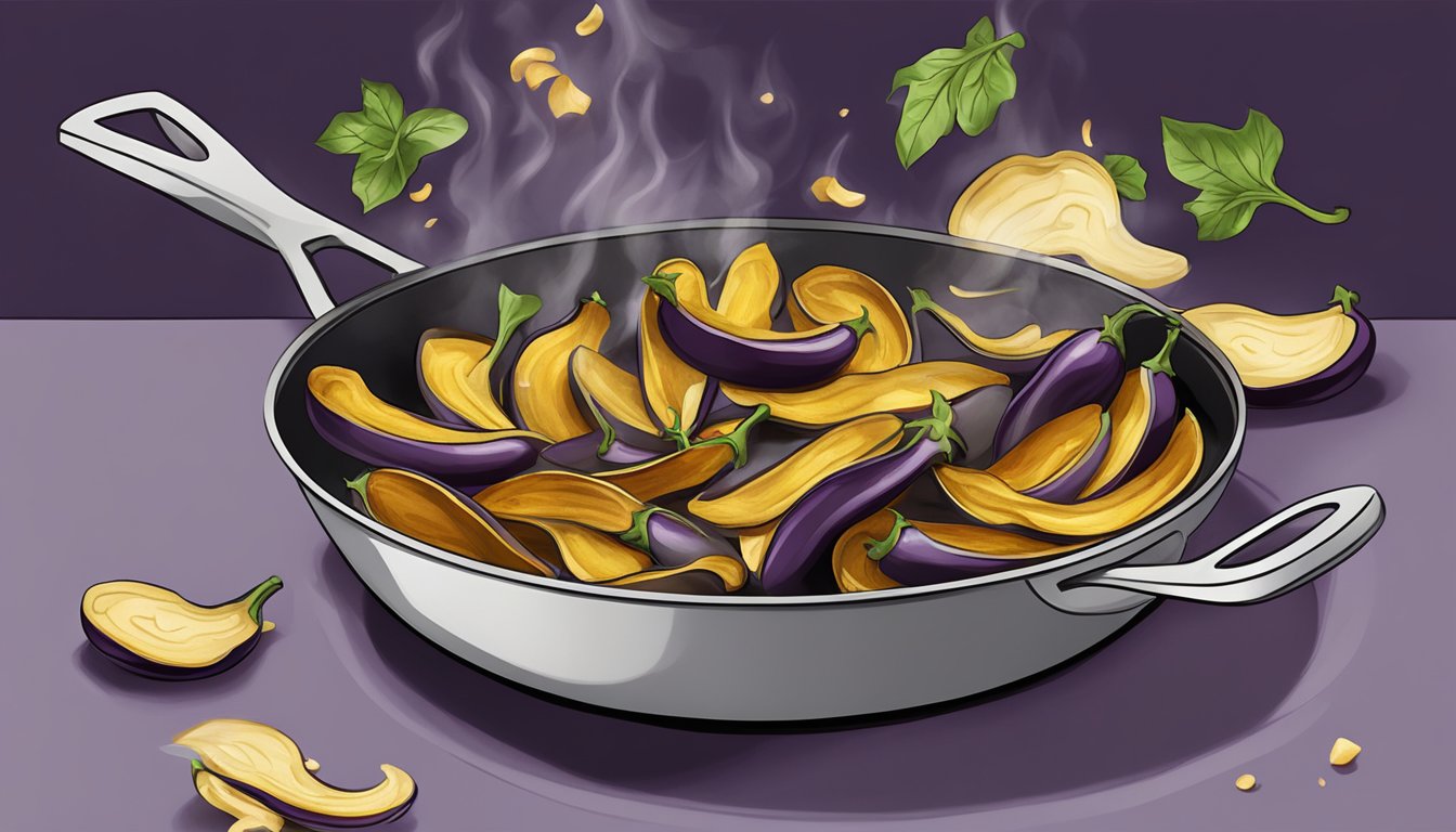 Eggplant peels sizzling on a hot skillet, releasing a smoky aroma as they turn crispy and golden brown