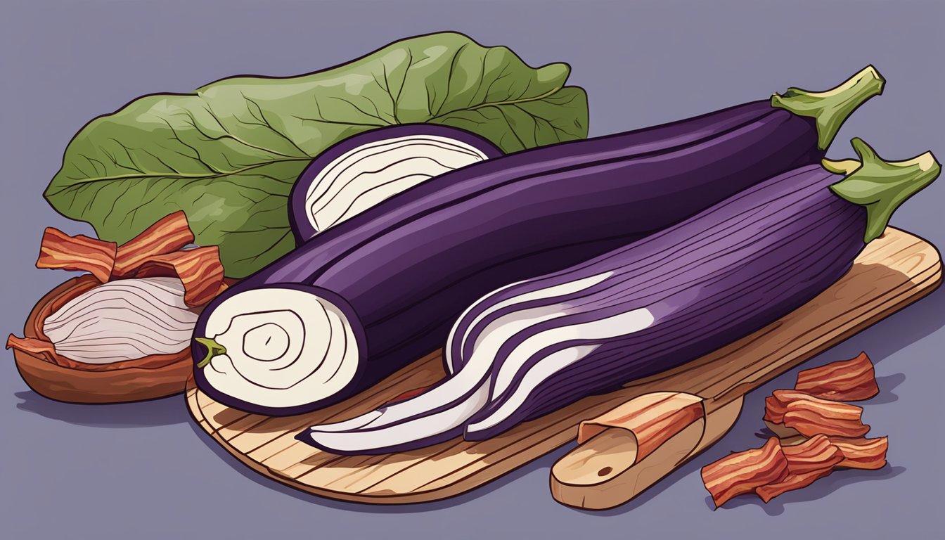 Eggplant being peeled and sliced next to strips of bacon