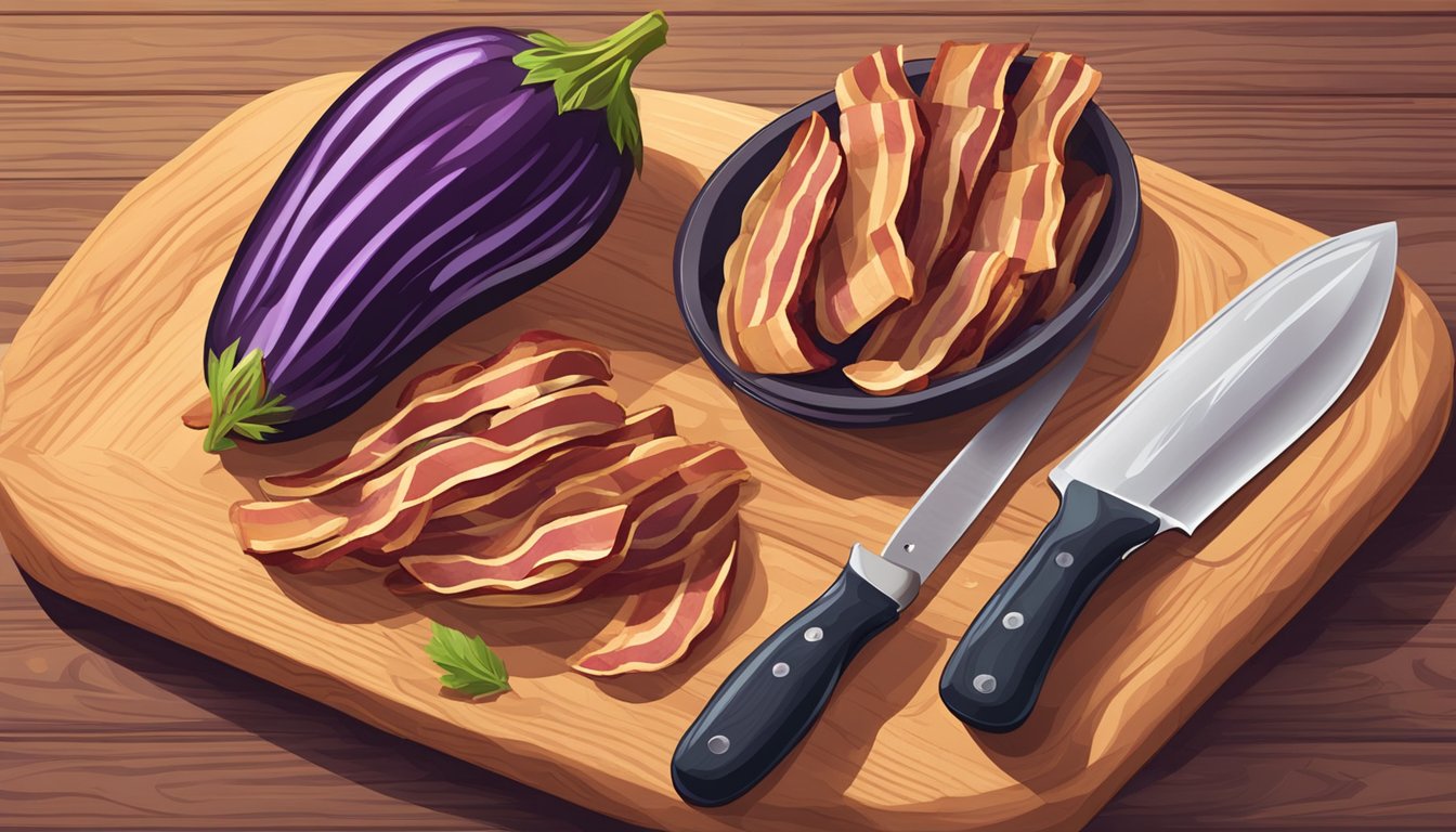 A peeled eggplant and strips of bacon laid out on a wooden cutting board, with a knife and a plate nearby