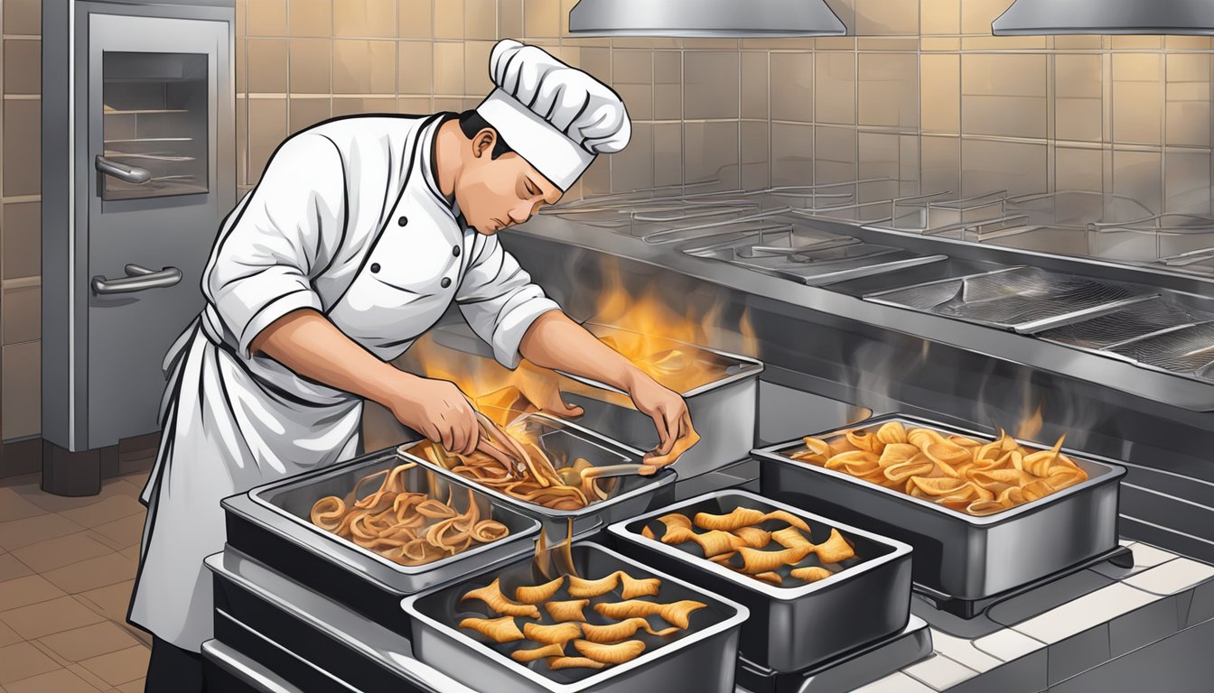 A chef carefully removes sizzling pig ears from a hot fryer