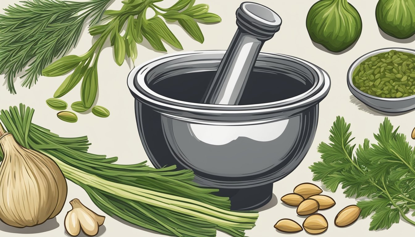 A mortar and pestle crushing fennel fronds, garlic, pine nuts, and olive oil to make traditional pesto