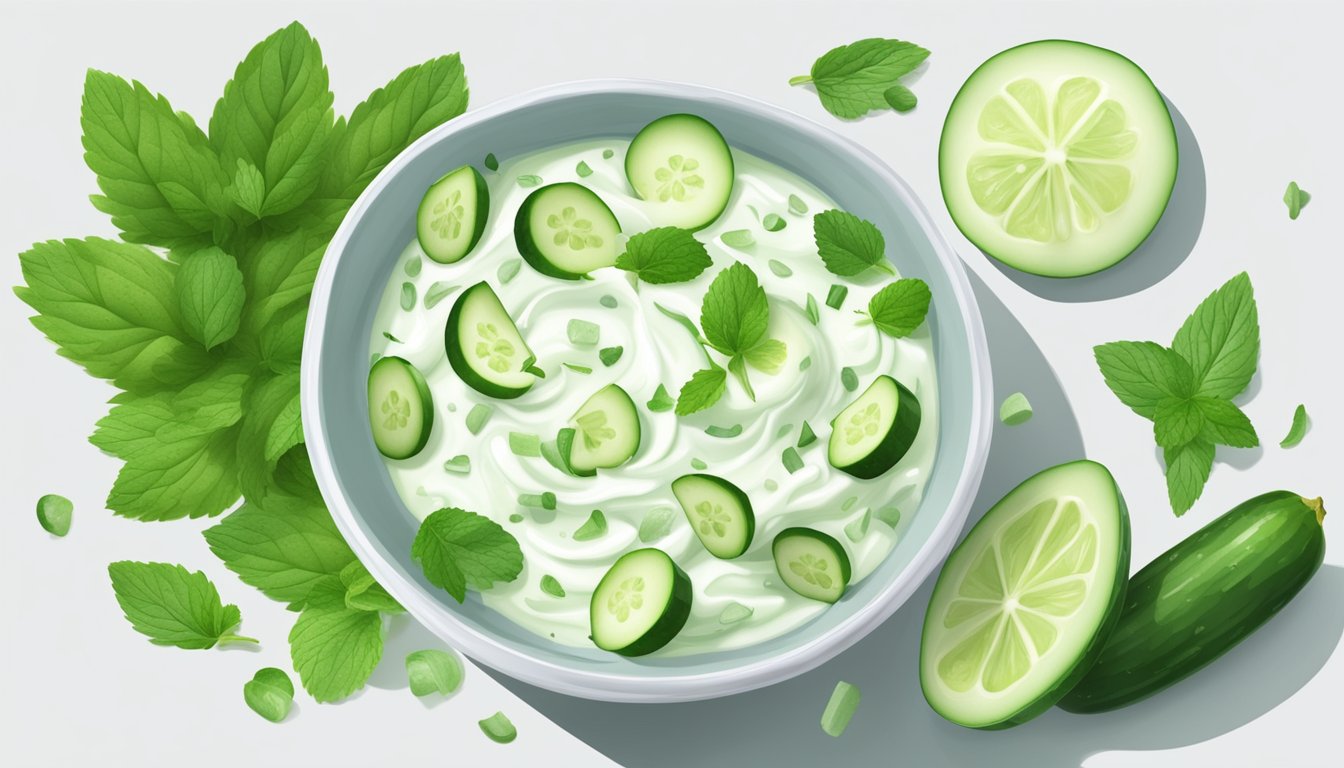 A bowl of cucumber peel raita surrounded by fresh cucumber slices and mint leaves