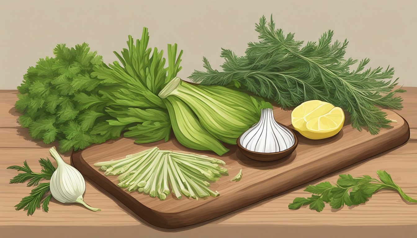 Fennel fronds and other ingredients arranged on a wooden cutting board, ready to be blended into pesto