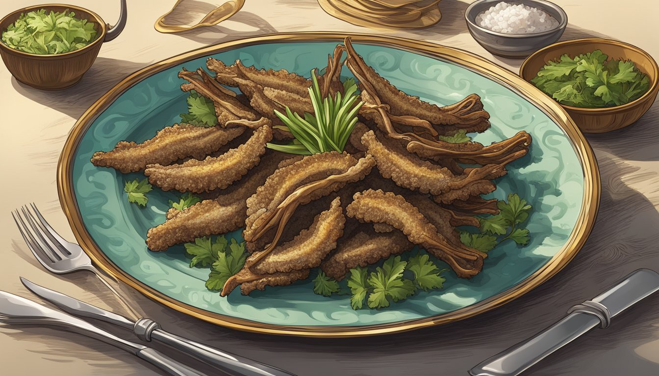 A platter of crispy fried duck tongues surrounded by historical and traditional decor