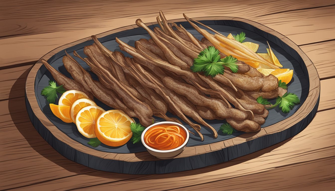 Crispy duck tongues arranged on a rustic wooden platter with garnishes