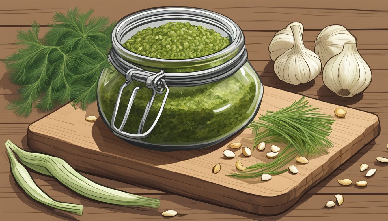 A jar of fennel frond pesto surrounded by fresh fennel fronds, pine nuts, and garlic cloves on a wooden cutting board