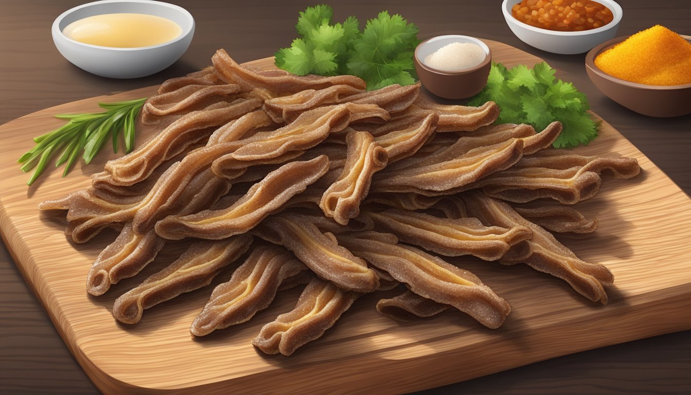 Crispy fried duck tongues arranged on a wooden cutting board with a sprinkle of seasoning