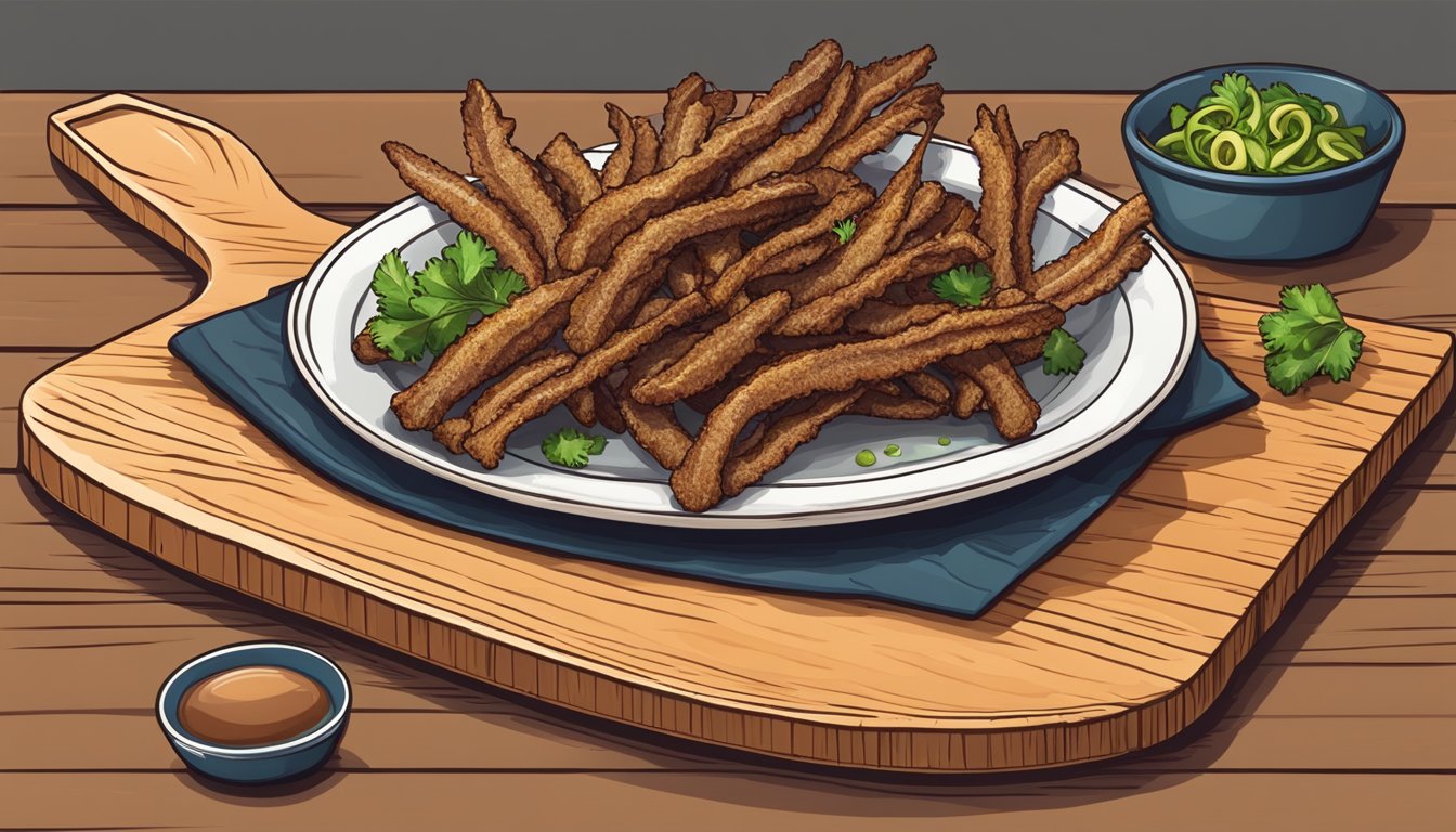 A plate of crispy fried duck tongues arranged with garnish on a wooden serving board