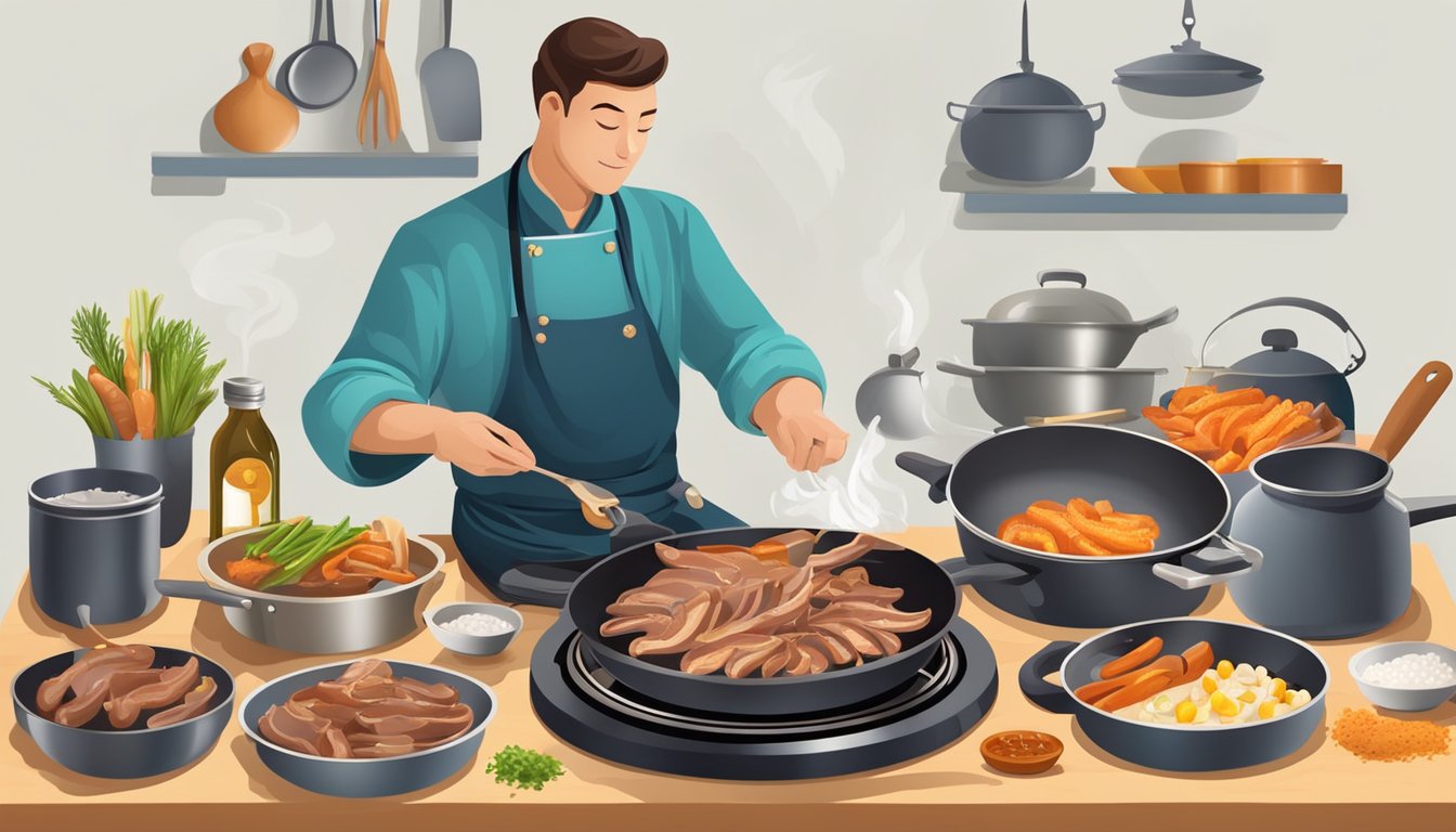 A chef frying duck tongues in a sizzling pan, surrounded by various ingredients and cooking utensils