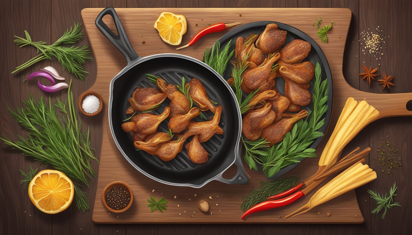 A sizzling skillet holds golden, crispy duck tongues, surrounded by aromatic herbs and spices on a wooden cutting board