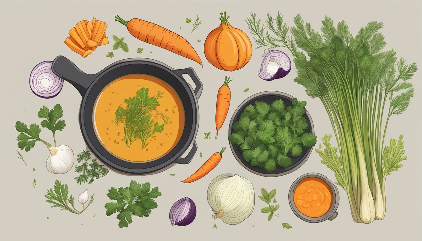 A pot simmering with fennel stalk soup, surrounded by a variety of fresh ingredients like carrots, onions, and herbs