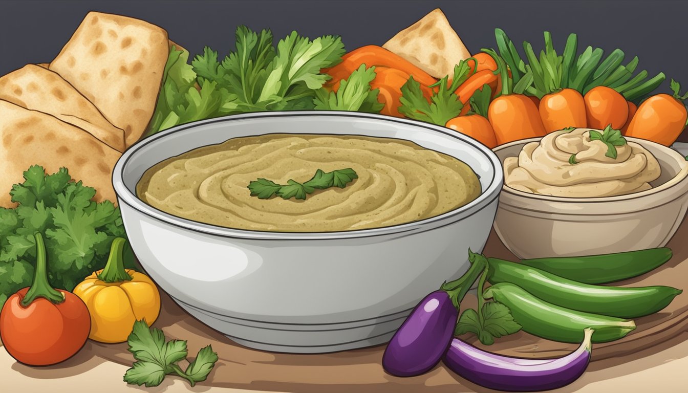 A bowl of creamy eggplant peel dip surrounded by fresh vegetables and pita bread