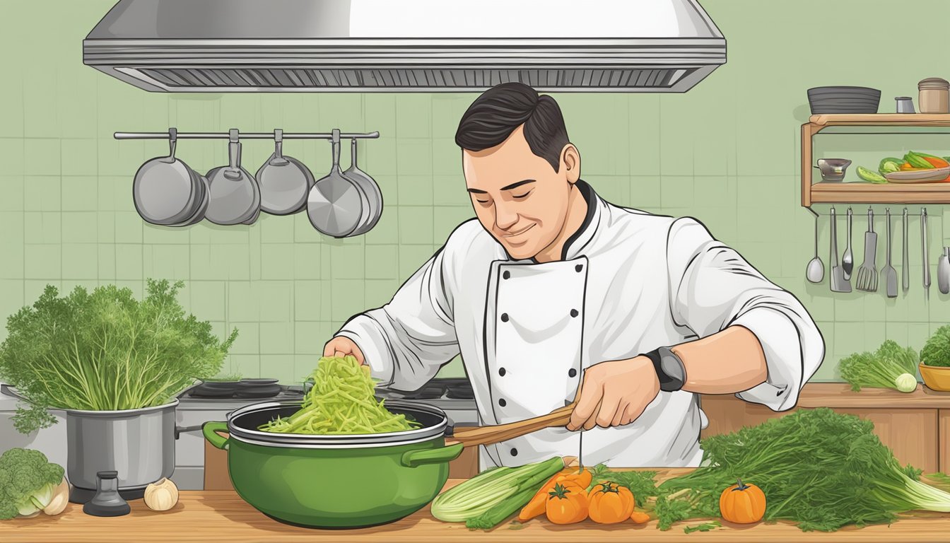 A chef adding chopped vegetables to a simmering pot of fennel stalk soup