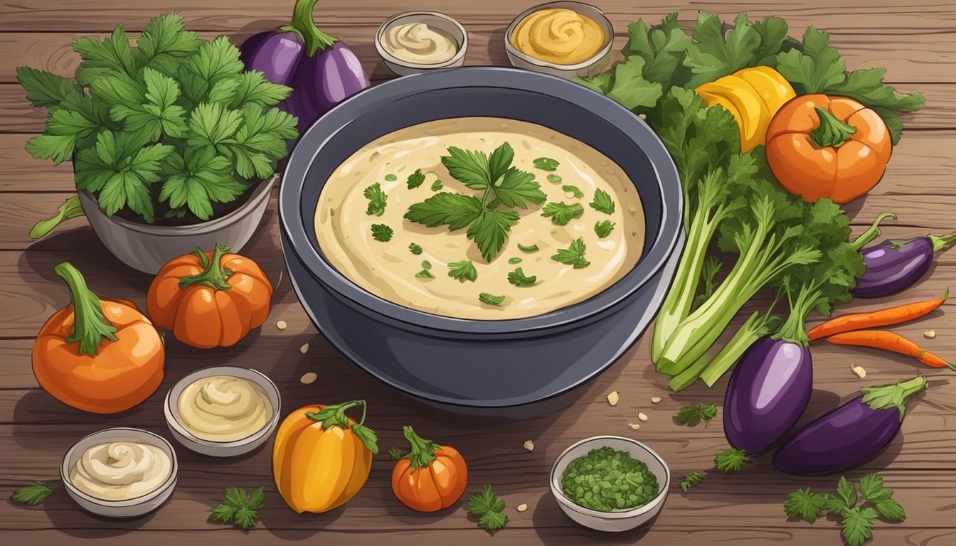 A bowl of creamy eggplant peel dip surrounded by fresh herbs and colorful vegetables on a rustic wooden table