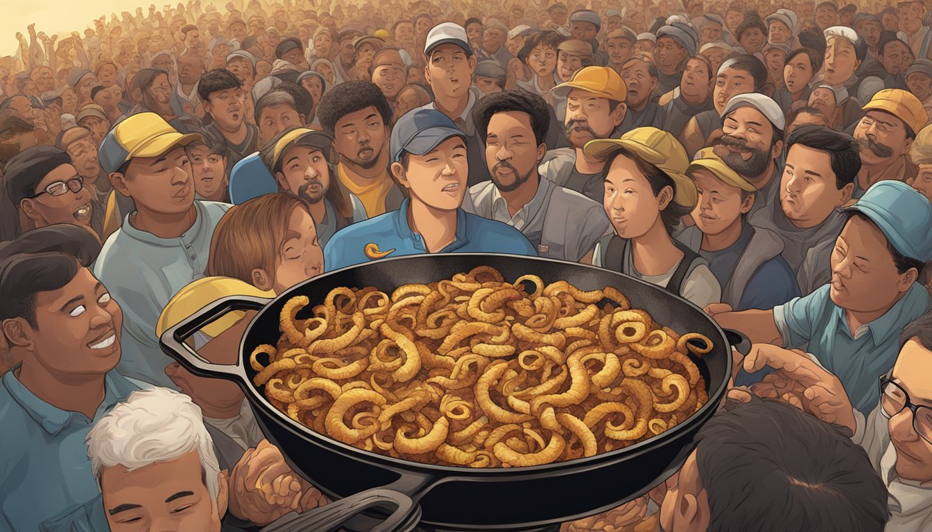 A sizzling skillet holds a pile of golden, crispy pig tails, surrounded by a crowd of hungry onlookers