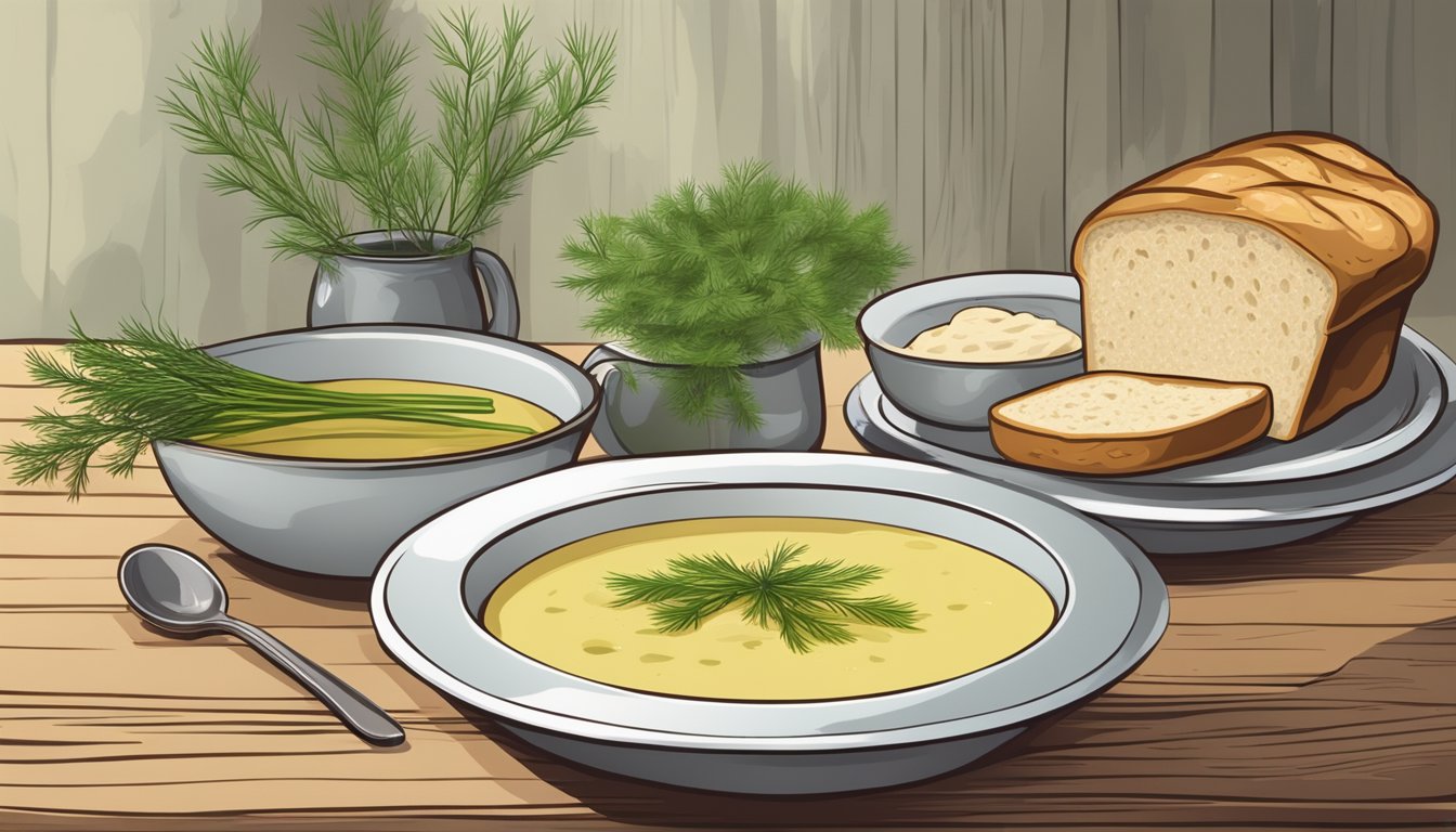 A rustic wooden table set with a bowl of fennel stalk soup, accompanied by a loaf of crusty bread and a sprig of fresh dill