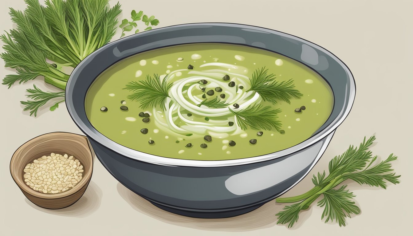 A steaming bowl of fennel stalk soup surrounded by fresh fennel bulbs, vibrant green herbs, and a sprinkle of black pepper