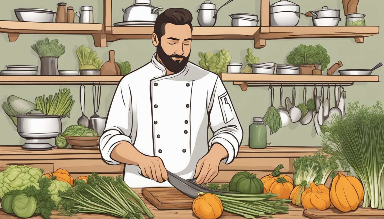 A chef in a rustic kitchen, surrounded by fresh seasonal produce, chopping fennel stalks for soup