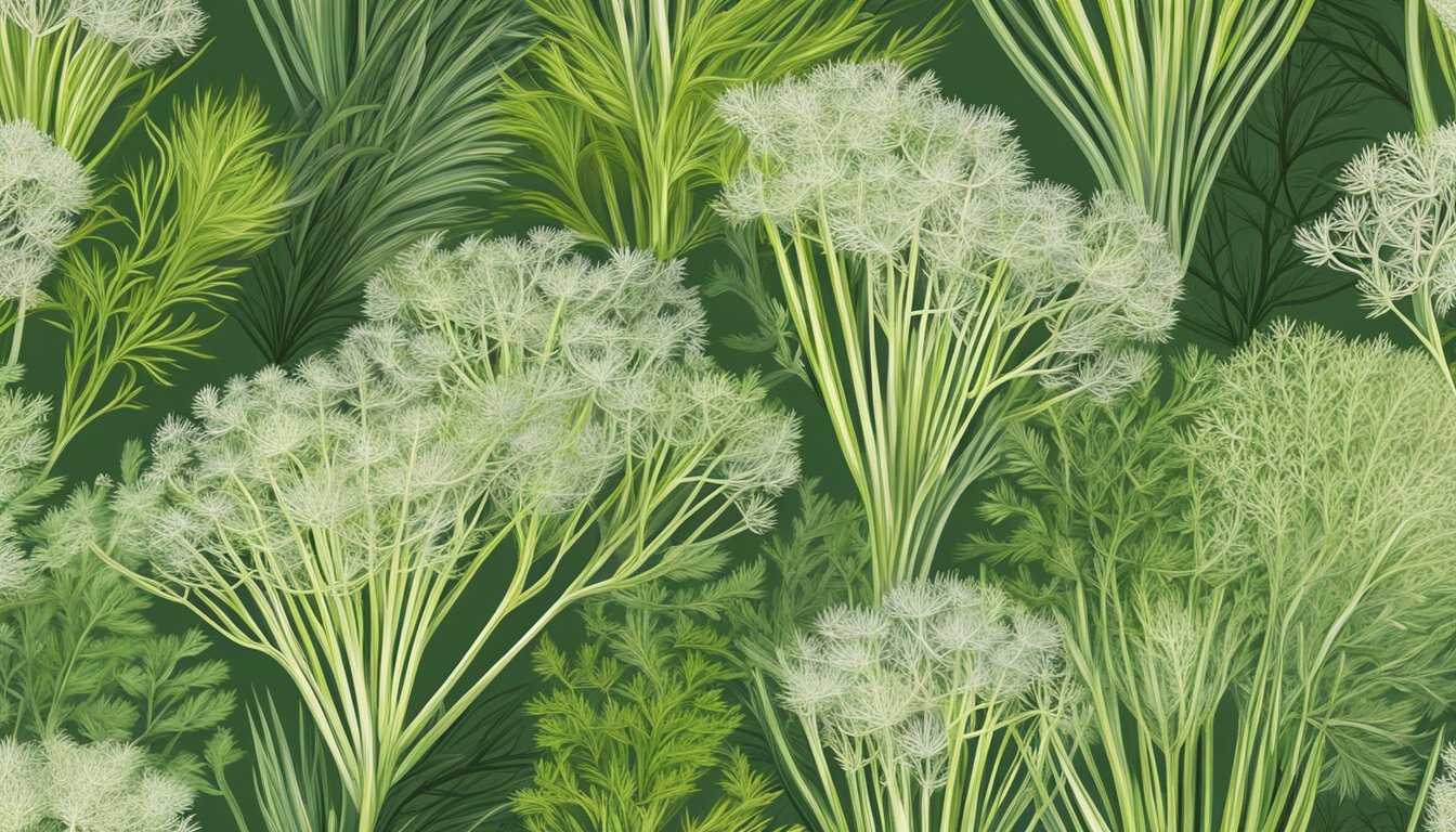 Fennel fronds stand tall among other herbs, their feathery texture and vibrant green color setting them apart in a garden or market display