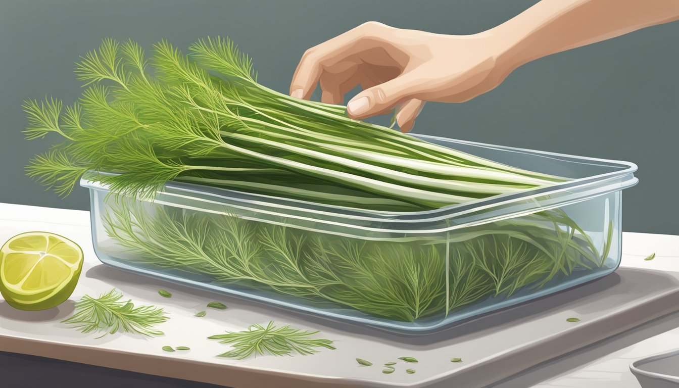 Fennel fronds being carefully trimmed and placed in an airtight container for storage