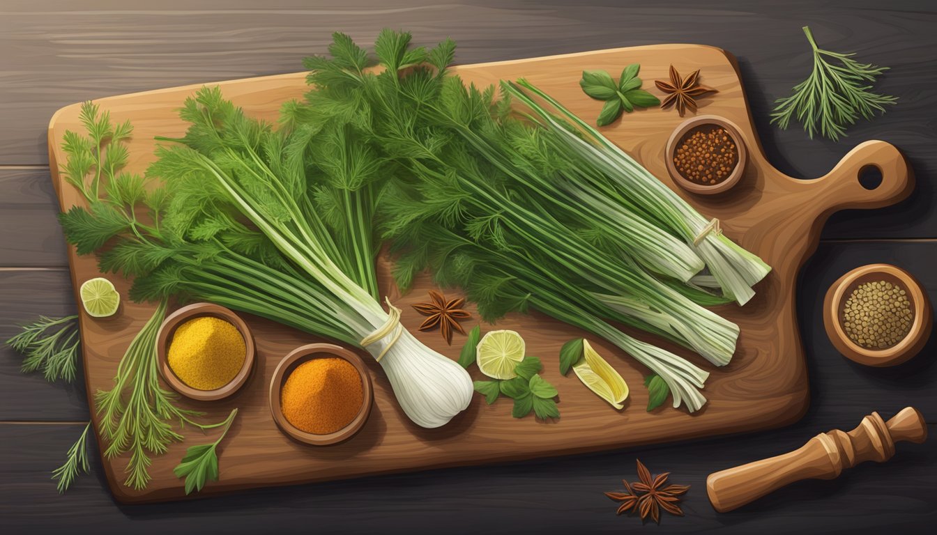 A variety of fennel fronds arranged on a rustic wooden cutting board, surrounded by colorful spices and herbs from different world cuisines