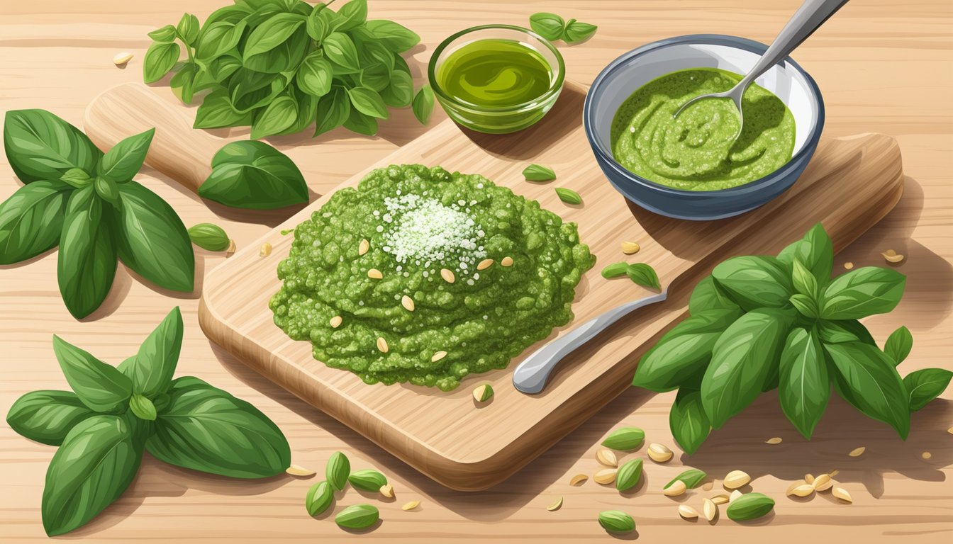 A wooden cutting board with a dollop of garlic scape pesto, surrounded by fresh basil, pine nuts, and a drizzle of olive oil