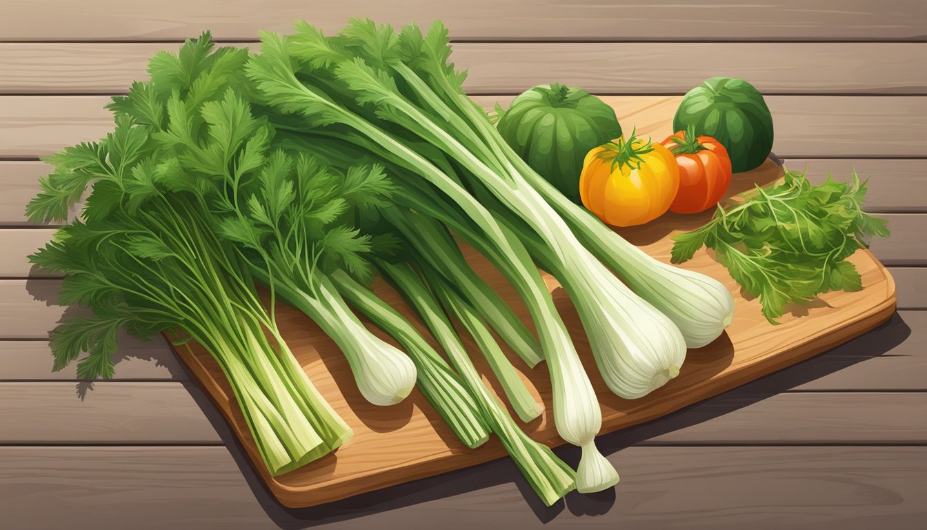 A bunch of vibrant green fennel fronds arranged next to a medley of colorful vegetables and herbs on a wooden cutting board